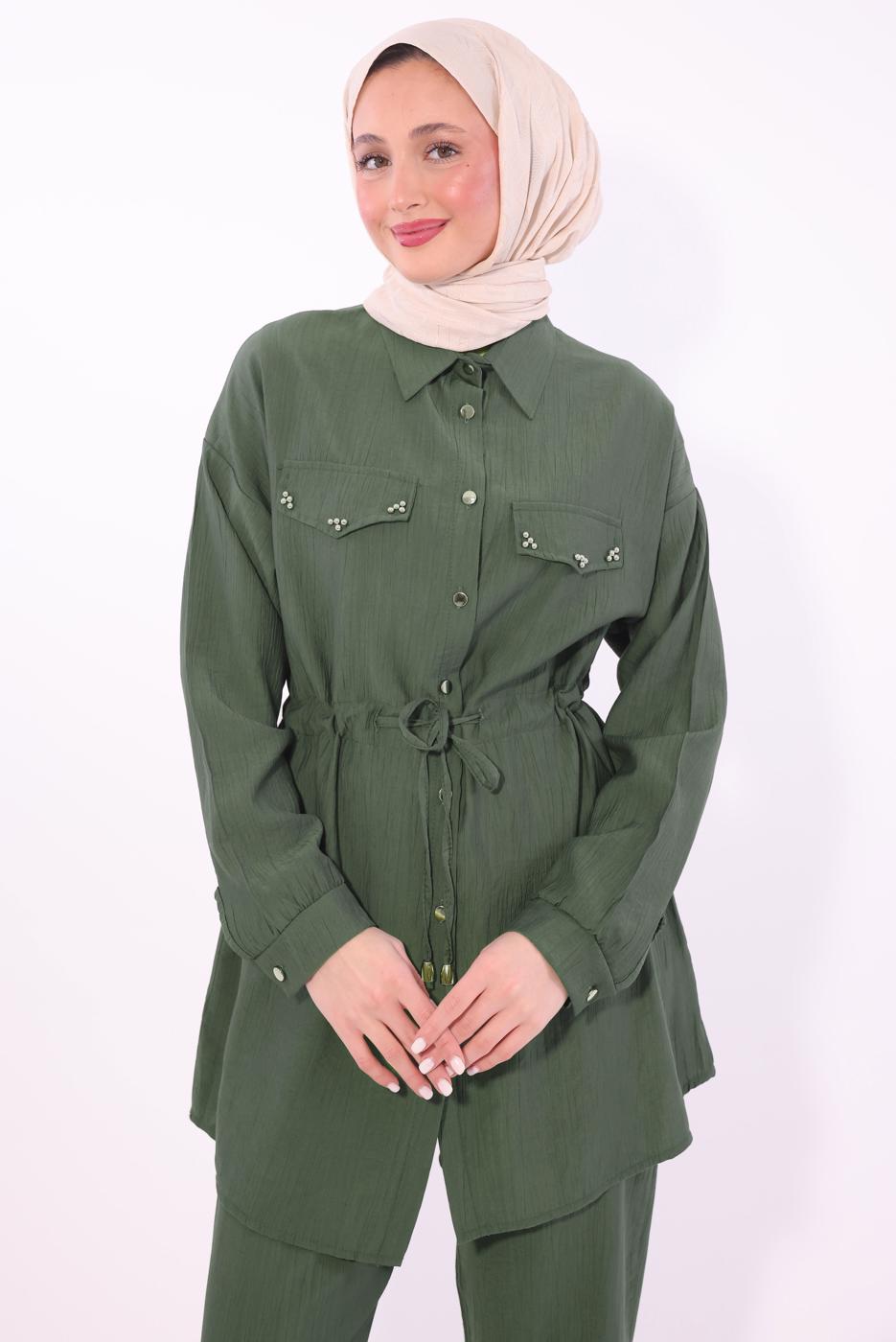 Tesettür giyim HAKİ GÖMLEK YAKA PANTOLONLU TAKIM T 0374 