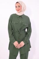Tesettür giyim HAKİ GÖMLEK YAKA PANTOLONLU TAKIM T 0374 