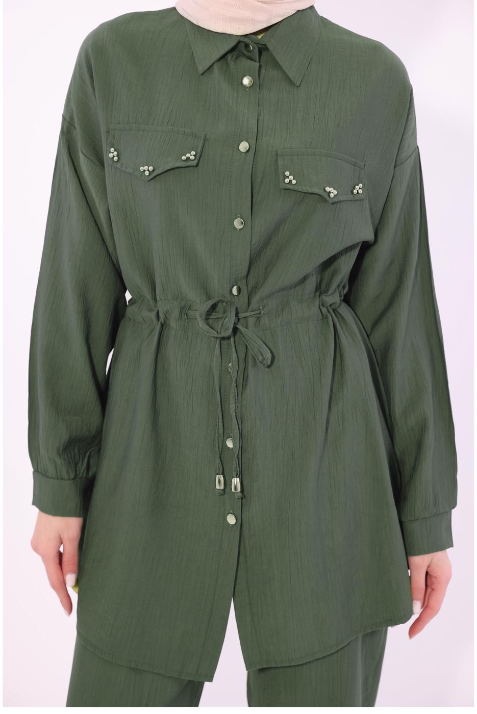 Tesettür giyim HAKİ GÖMLEK YAKA PANTOLONLU TAKIM T 0374 