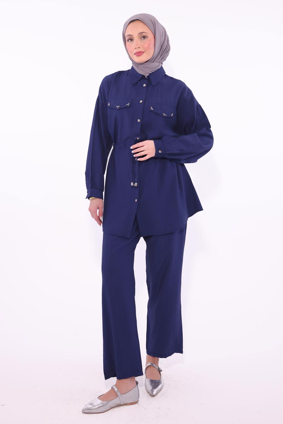 Tesettür giyim LACİVERT GÖMLEK YAKA PANTOLONLU TAKIM T 0374 