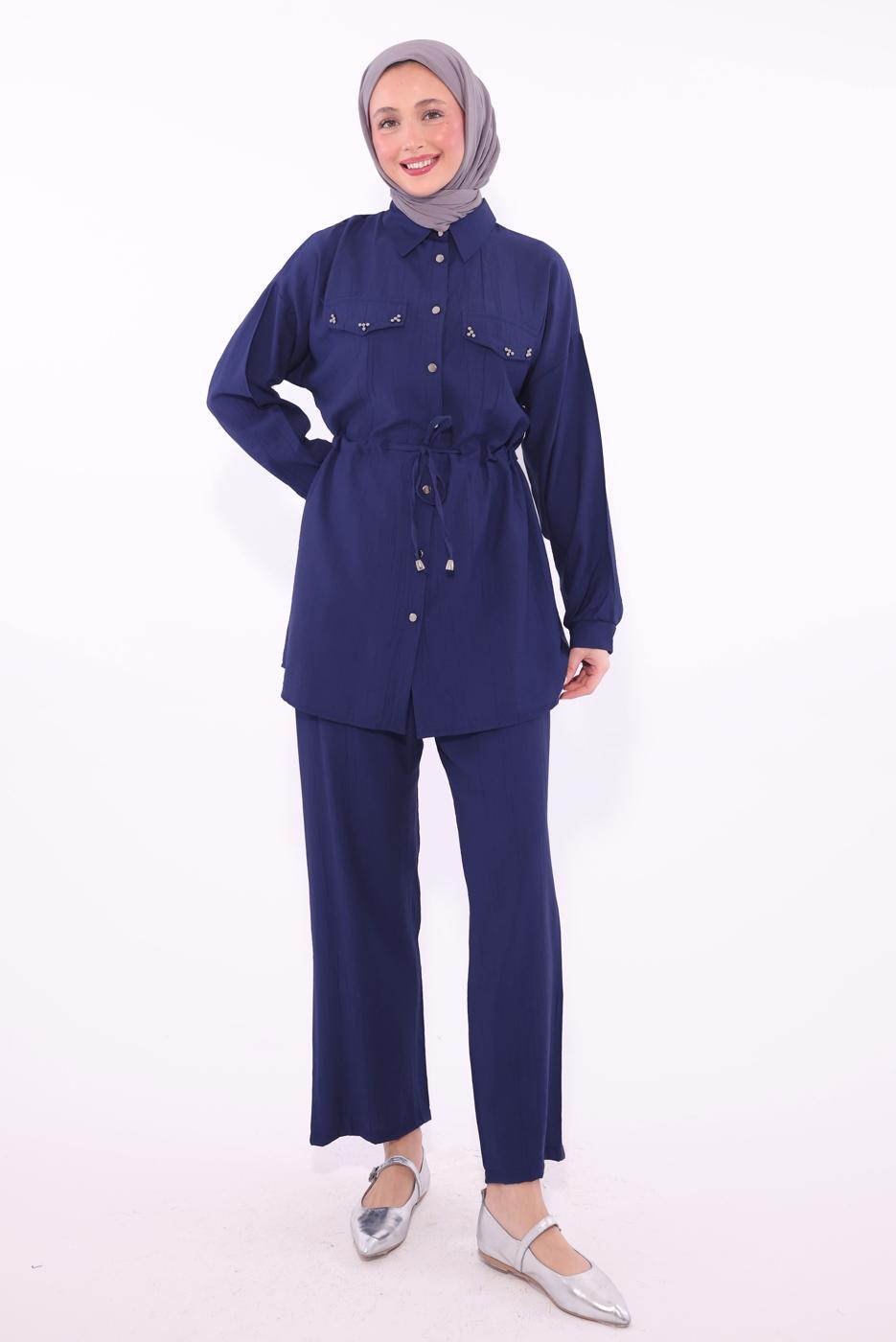 Tesettür giyim LACİVERT GÖMLEK YAKA PANTOLONLU TAKIM T 0374 