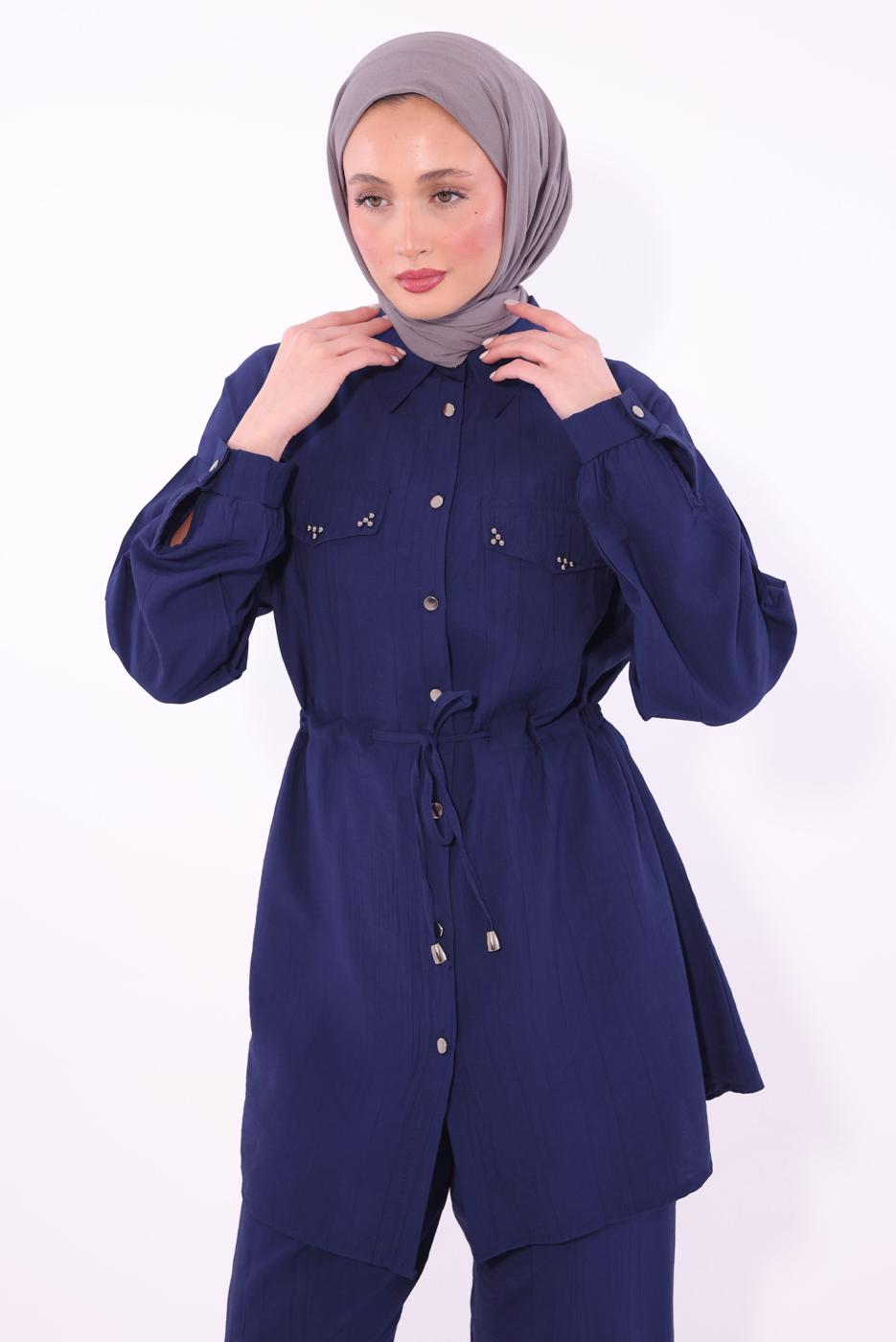 Tesettür giyim LACİVERT GÖMLEK YAKA PANTOLONLU TAKIM T 0374 