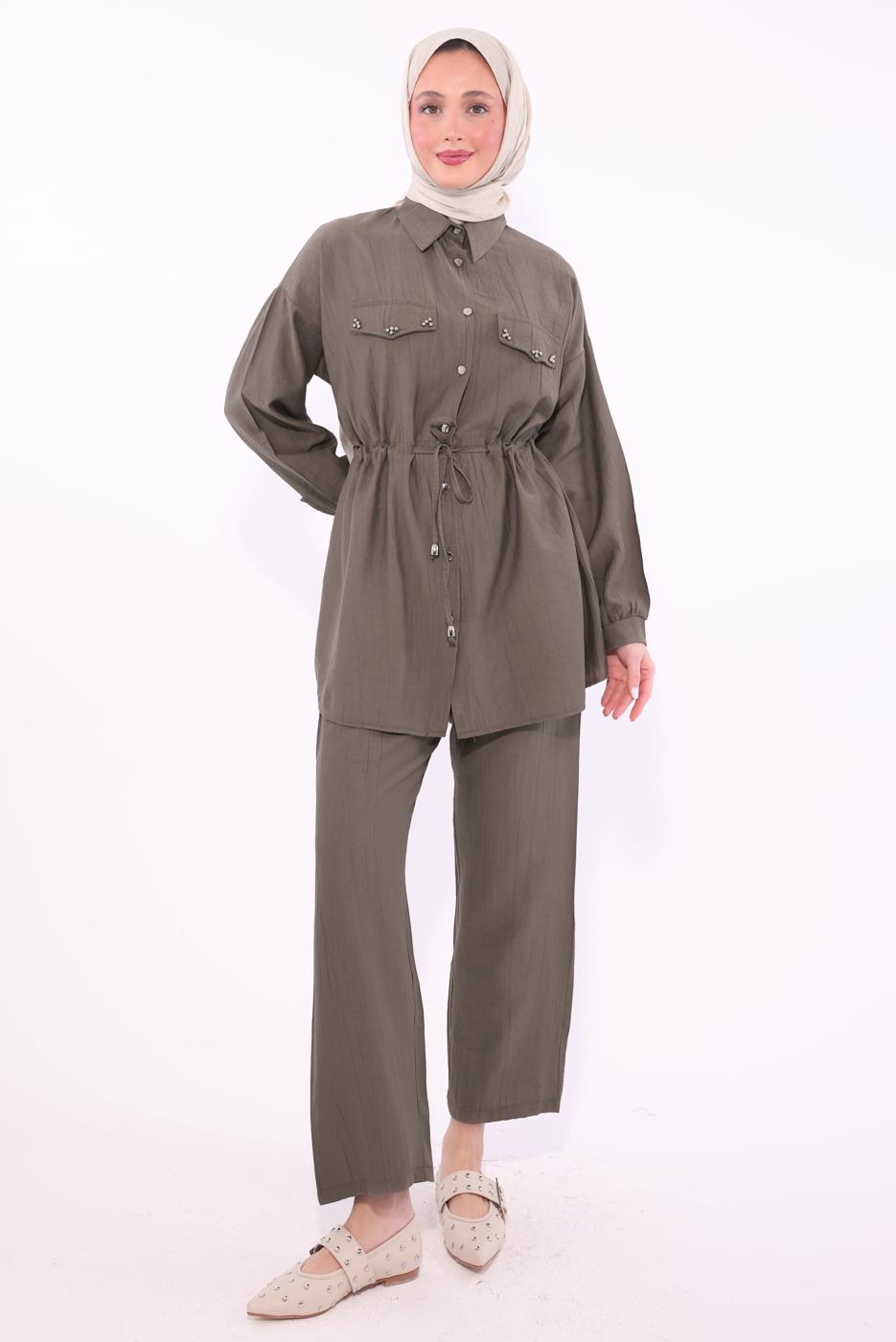 Tesettür giyim VİZON GÖMLEK YAKA PANTOLONLU TAKIM T 0374 