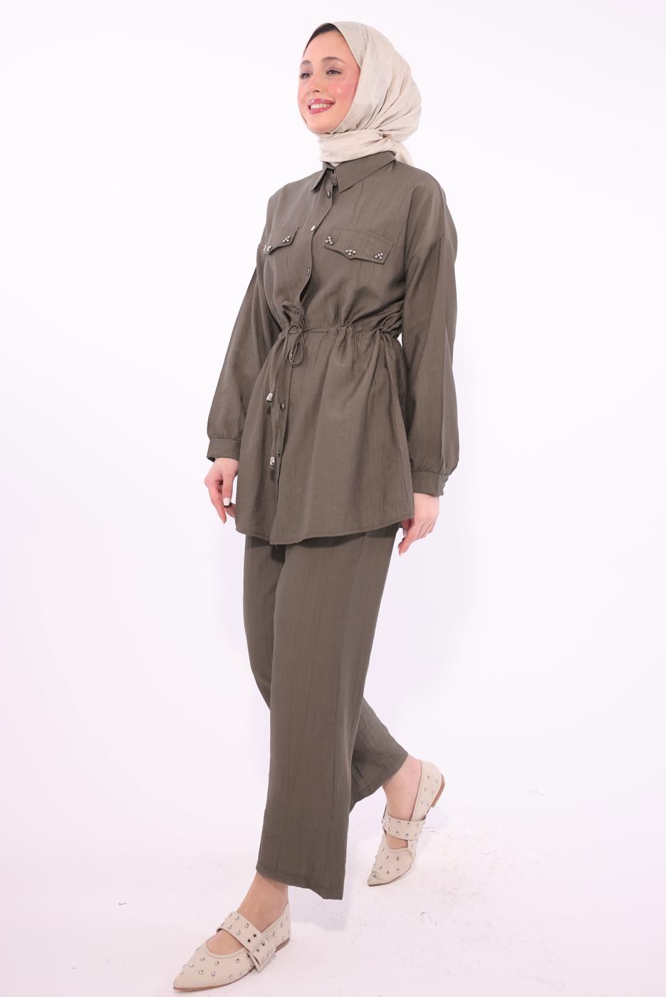 Tesettür giyim VİZON GÖMLEK YAKA PANTOLONLU TAKIM T 0374 