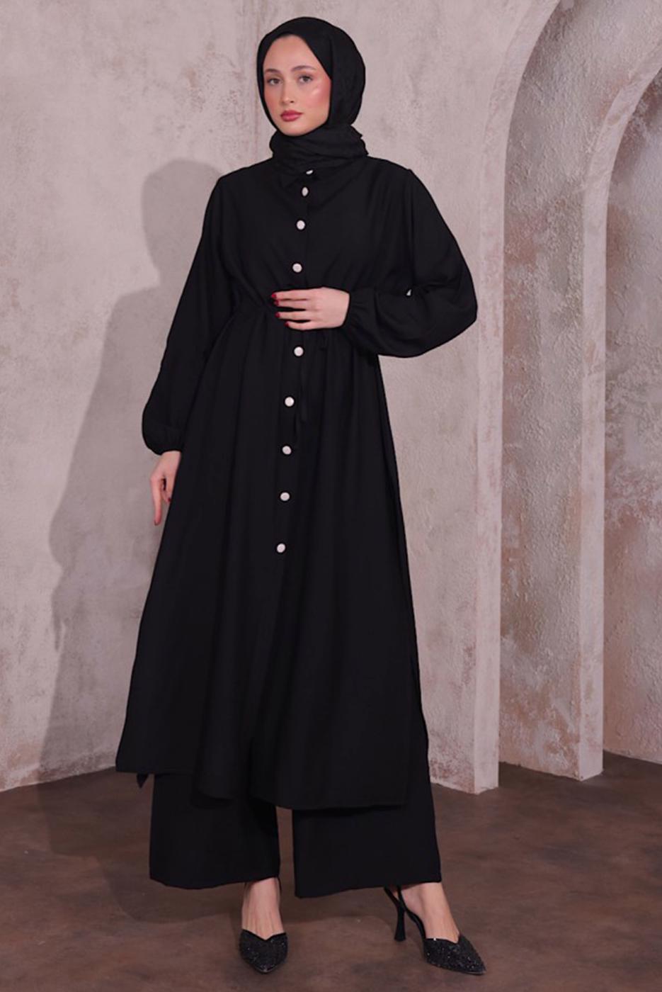 Tesettür giyim SİYAH YIRTMAÇ DETAYLI PANTOLONLU TAKIM T 0774