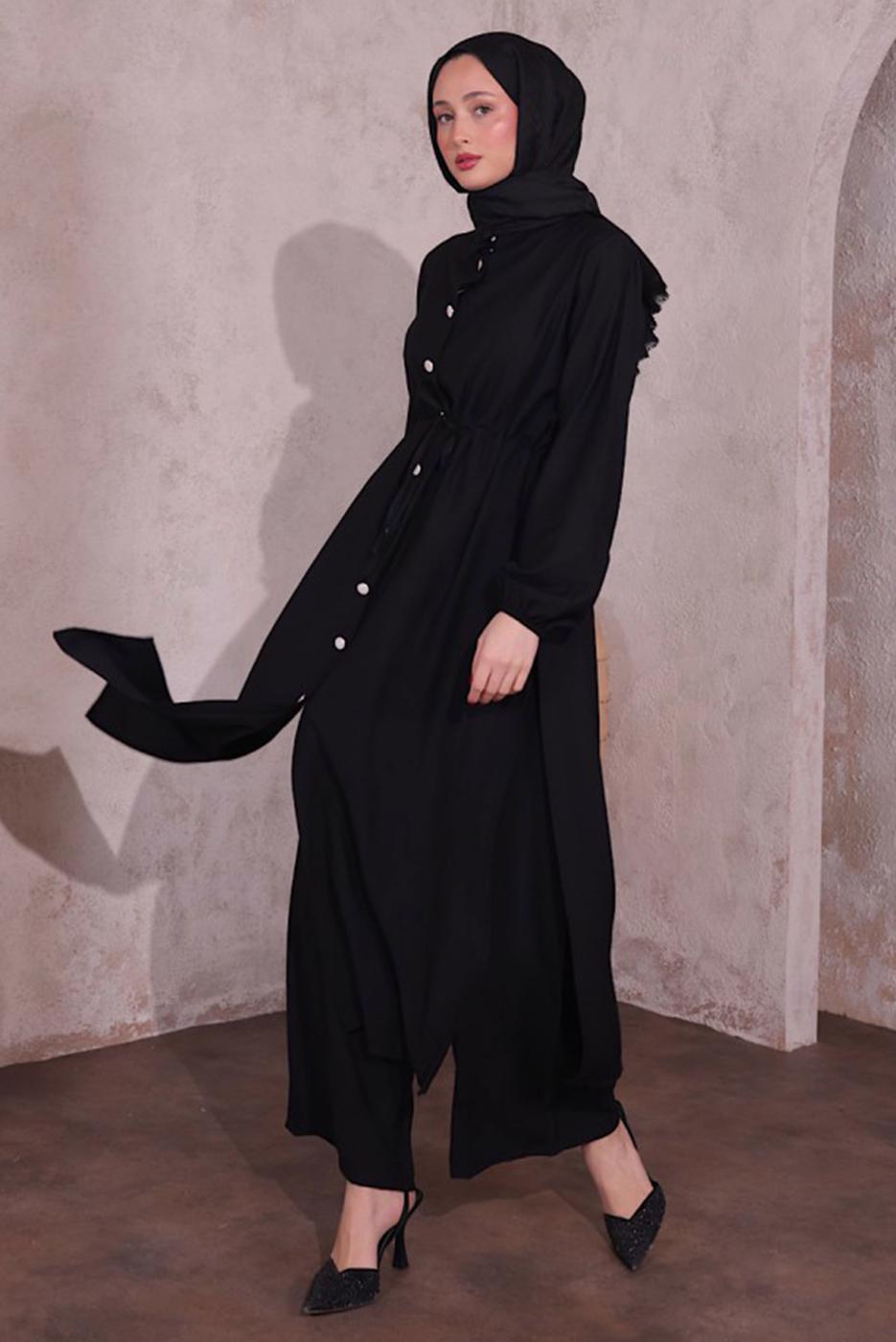 Tesettür giyim SİYAH YIRTMAÇ DETAYLI PANTOLONLU TAKIM T 0774
