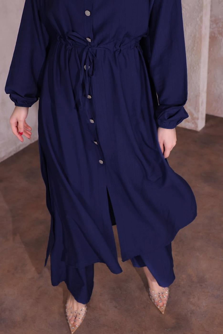 Tesettür giyim LACİVERT YIRTMAÇ DETAYLI PANTOLONLU TAKIM T 0774