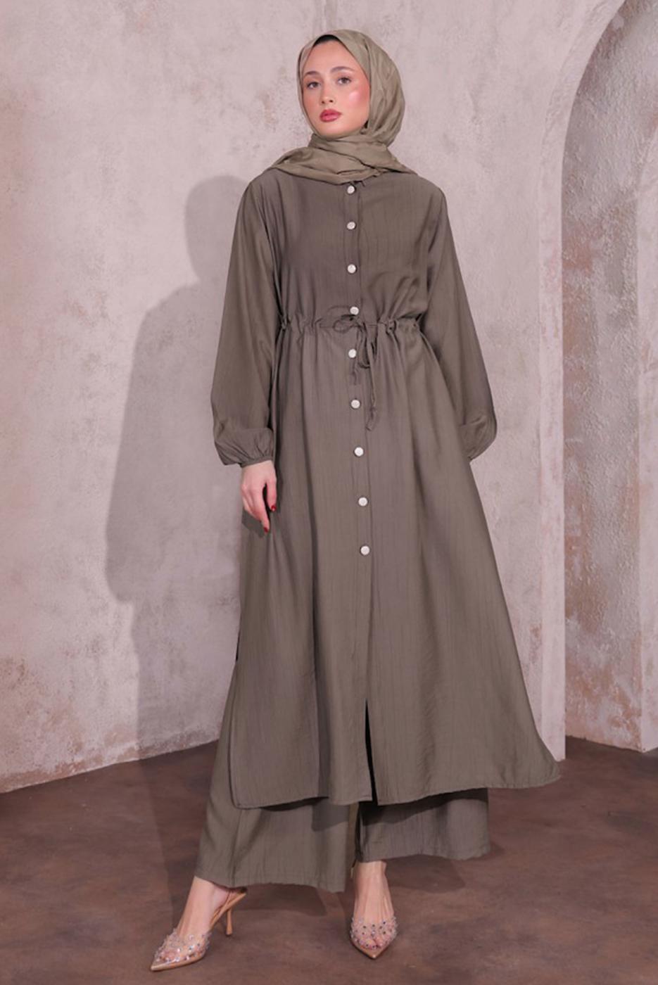 Tesettür giyim VİZON YIRTMAÇ DETAYLI PANTOLONLU TAKIM T 0774