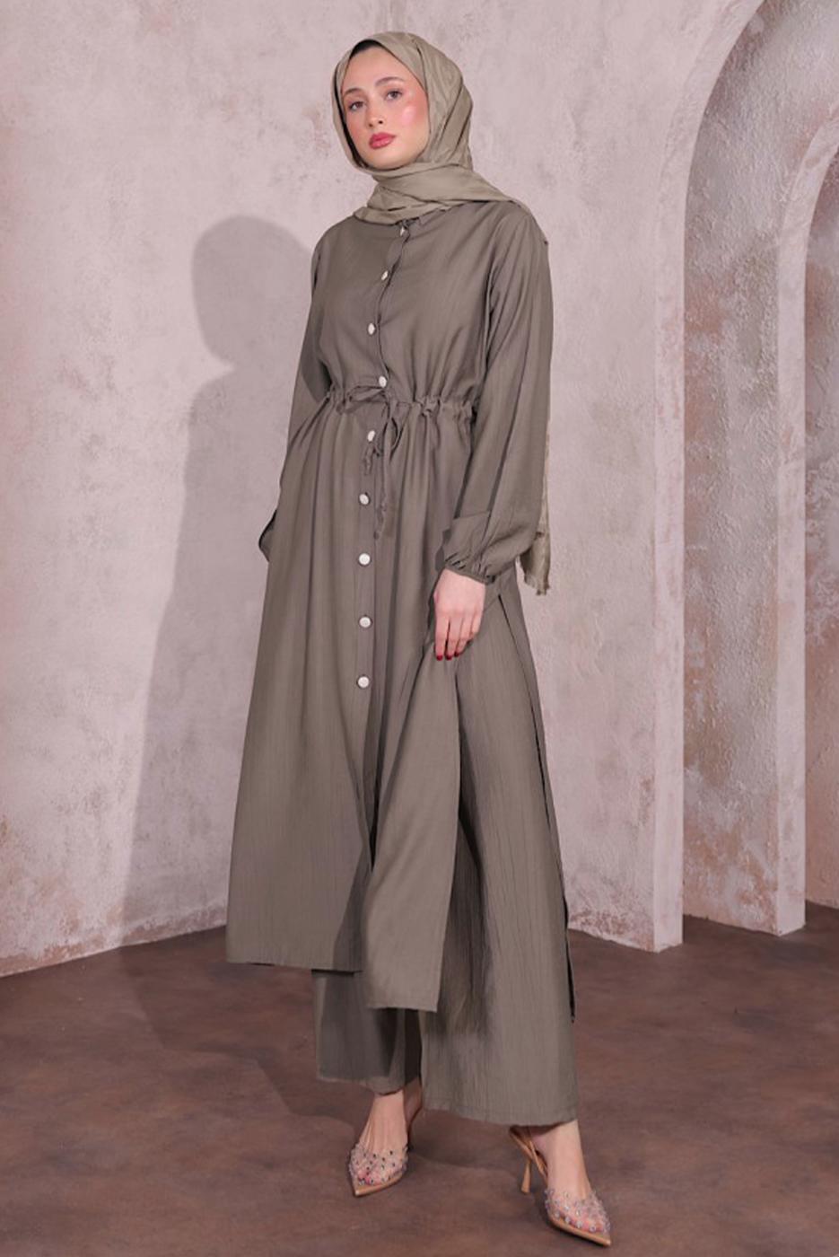 Tesettür giyim VİZON YIRTMAÇ DETAYLI PANTOLONLU TAKIM T 0774