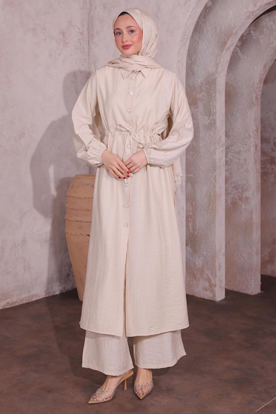 Tesettür giyim BEJ YIRTMAÇ DETAYLI PANTOLONLU TAKIM T 0774
