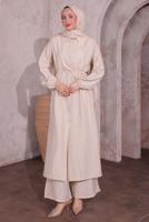 Tesettür giyim BEJ YIRTMAÇ DETAYLI PANTOLONLU TAKIM T 0774