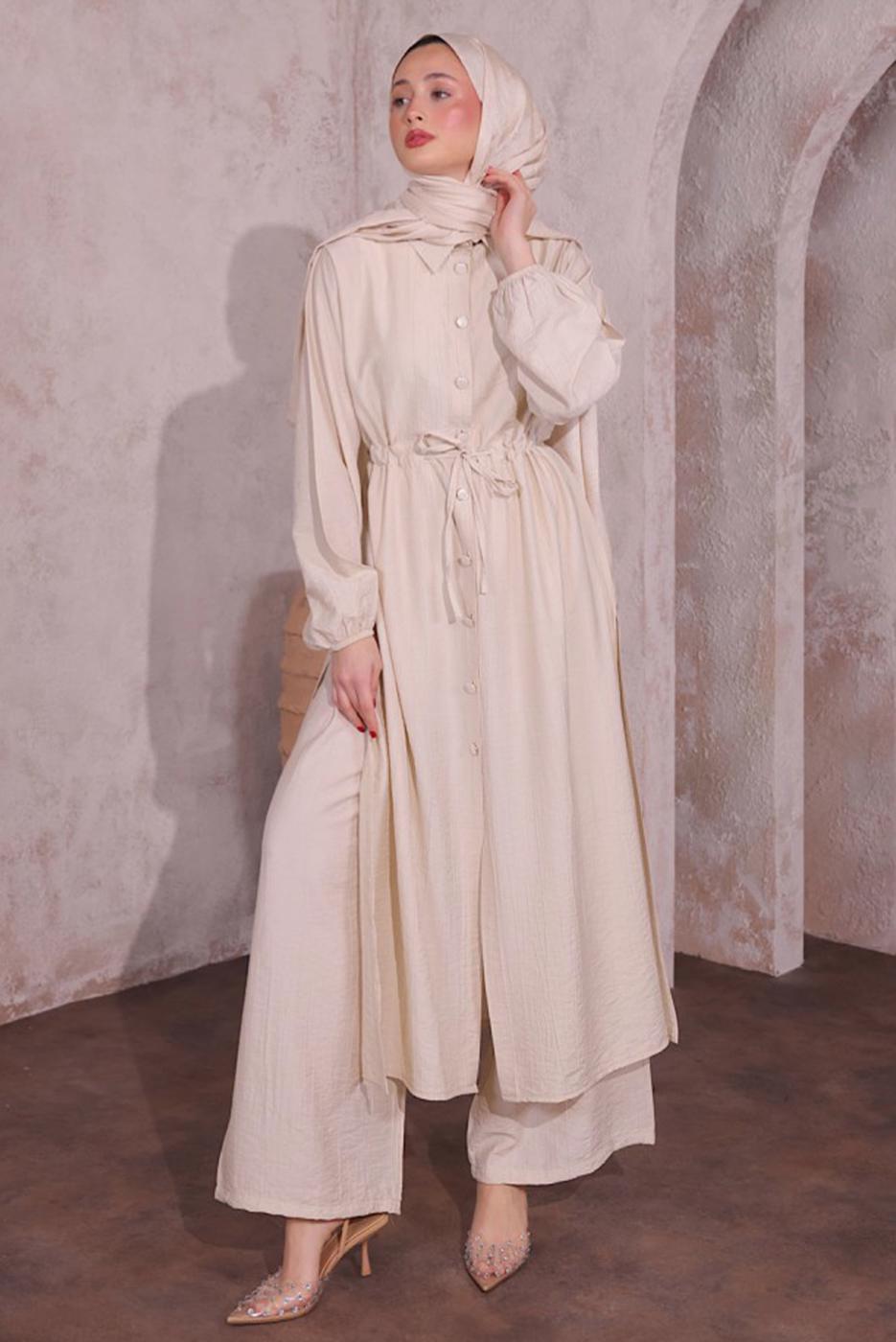 Tesettür giyim BEJ YIRTMAÇ DETAYLI PANTOLONLU TAKIM T 0774