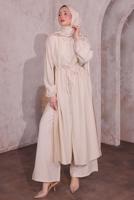Tesettür giyim BEJ YIRTMAÇ DETAYLI PANTOLONLU TAKIM T 0774