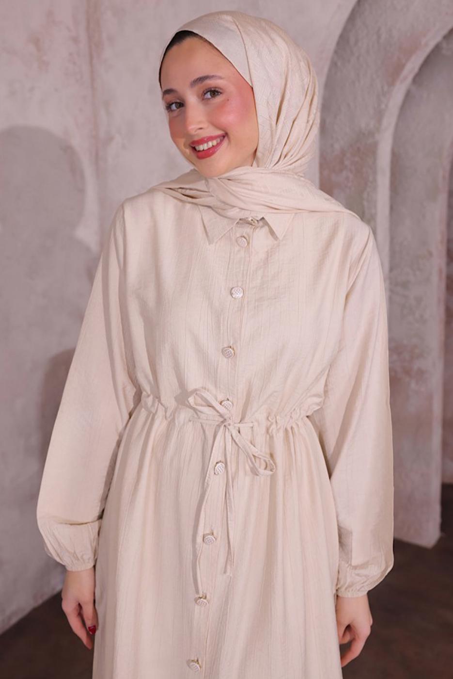 Tesettür giyim BEJ YIRTMAÇ DETAYLI PANTOLONLU TAKIM T 0774