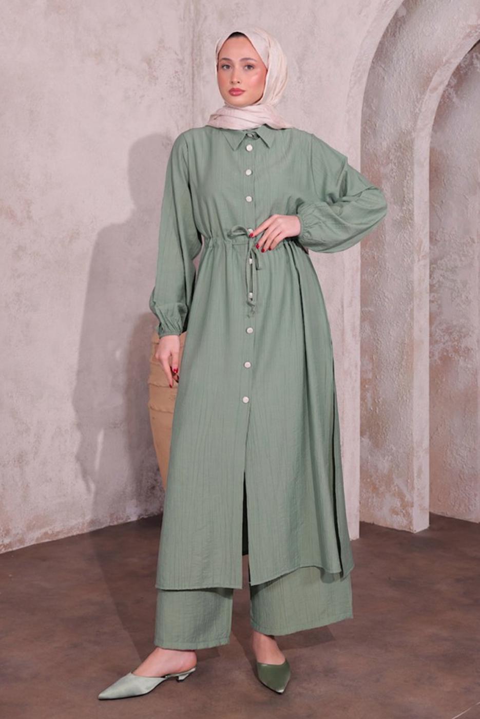 Tesettür giyim YEŞİL YIRTMAÇ DETAYLI PANTOLONLU TAKIM T 0774
