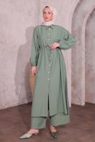 Tesettür giyim YEŞİL YIRTMAÇ DETAYLI PANTOLONLU TAKIM T 0774