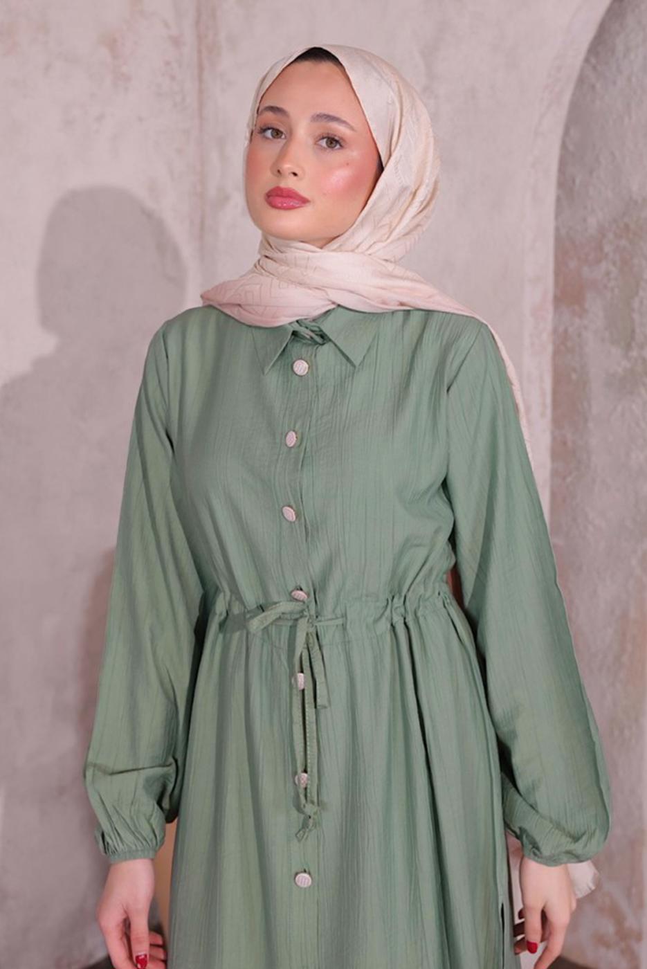 Tesettür giyim YEŞİL YIRTMAÇ DETAYLI PANTOLONLU TAKIM T 0774