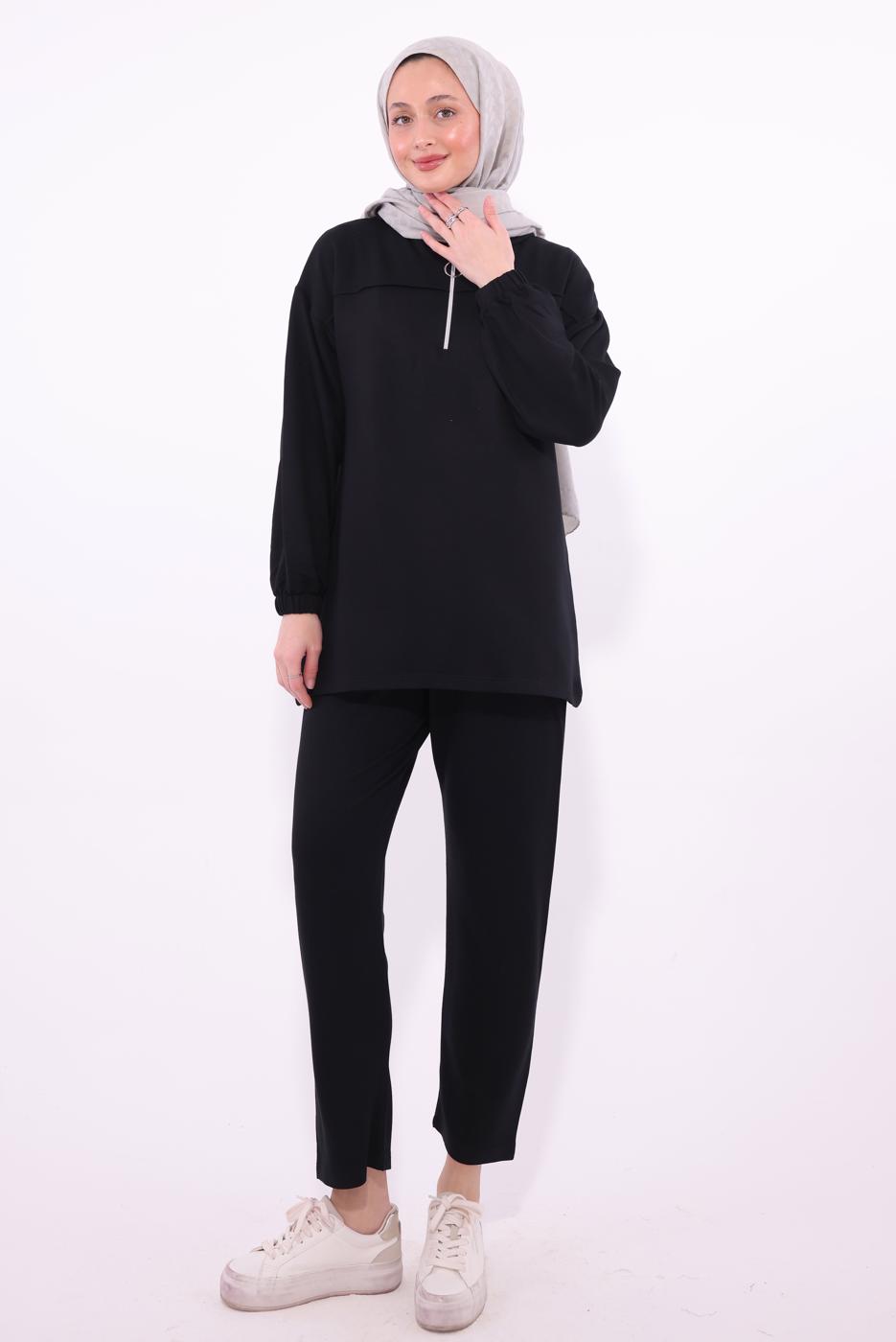 Tesettür giyim SİYAH KAPÜŞONLU PANTOLONLU TAKIM T 1074
