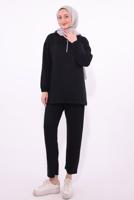 Tesettür giyim SİYAH KAPÜŞONLU PANTOLONLU TAKIM T 1074