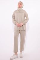 Tesettür giyim BEJ KAPÜŞONLU PANTOLONLU TAKIM T 1074