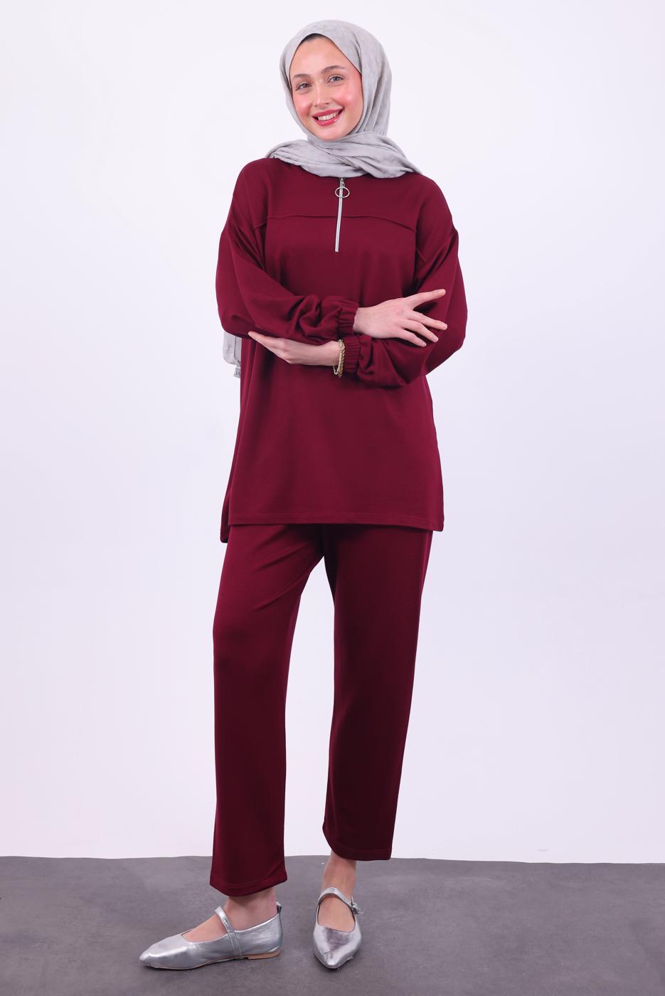 Tesettür giyim BORDO KAPÜŞONLU PANTOLONLU TAKIM T 1074