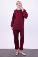 Tesettür giyim BORDO KAPÜŞONLU PANTOLONLU TAKIM T 1074