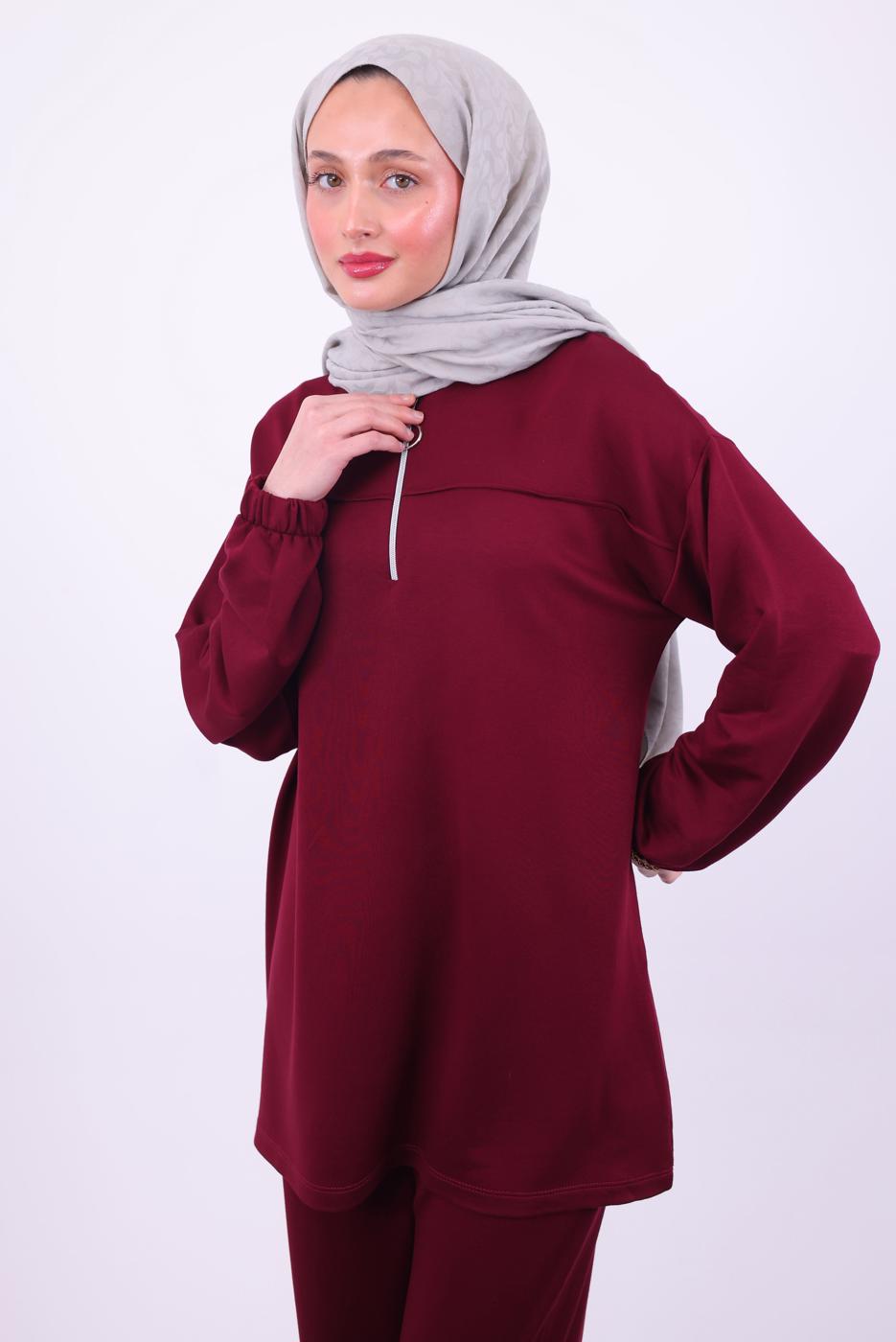 Tesettür giyim BORDO KAPÜŞONLU PANTOLONLU TAKIM T 1074