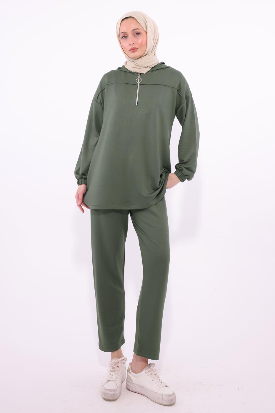 Tesettür giyim HAKİ KAPÜŞONLU PANTOLONLU TAKIM T 1074