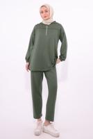 Tesettür giyim HAKİ KAPÜŞONLU PANTOLONLU TAKIM T 1074