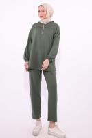Tesettür giyim HAKİ KAPÜŞONLU PANTOLONLU TAKIM T 1074