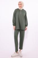Tesettür giyim HAKİ KAPÜŞONLU PANTOLONLU TAKIM T 1074