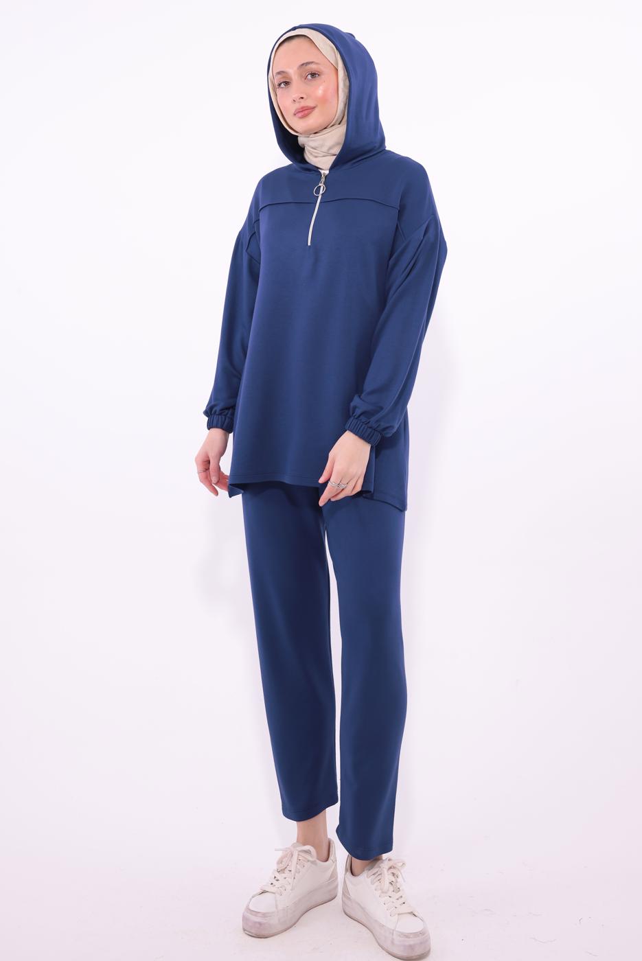 Tesettür giyim LACİVERT KAPÜŞONLU PANTOLONLU TAKIM T 1074