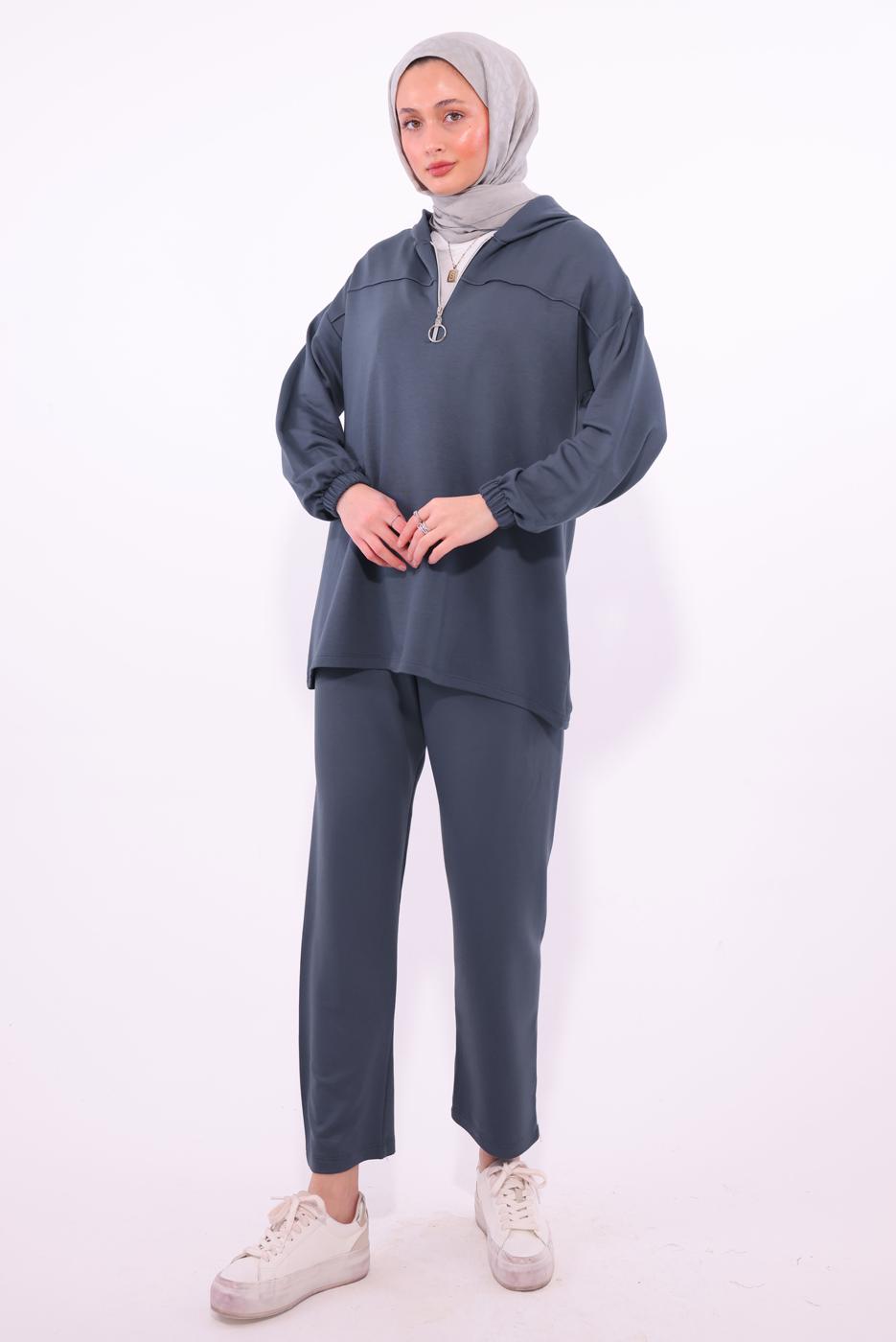 Tesettür giyim GRİ KAPÜŞONLU PANTOLONLU TAKIM T 1074