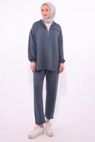 Tesettür giyim GRİ KAPÜŞONLU PANTOLONLU TAKIM T 1074