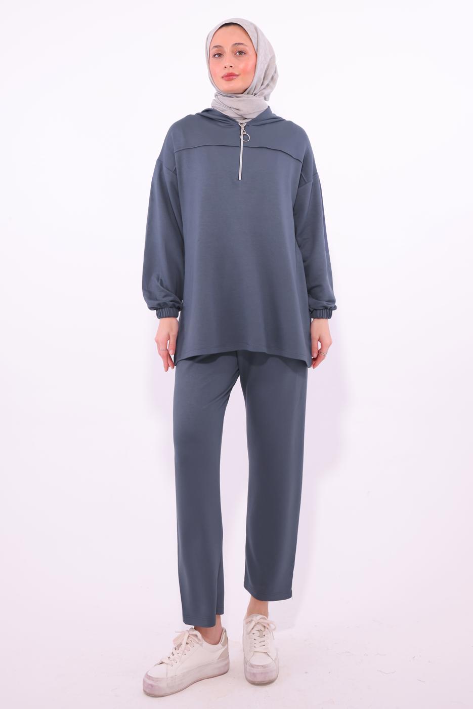 Tesettür giyim GRİ KAPÜŞONLU PANTOLONLU TAKIM T 1074