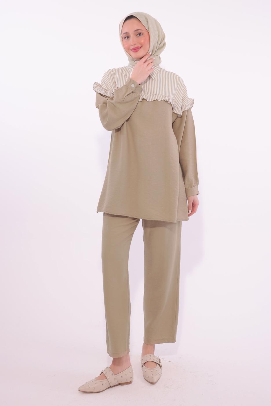 Tesettür giyim KAHVE ÇİZGİLİ PANTOLONLU TAKIM T 1274