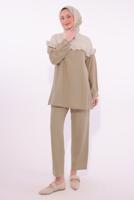 Tesettür giyim KAHVE ÇİZGİLİ PANTOLONLU TAKIM T 1274