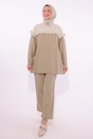 Tesettür giyim KAHVE ÇİZGİLİ PANTOLONLU TAKIM T 1274