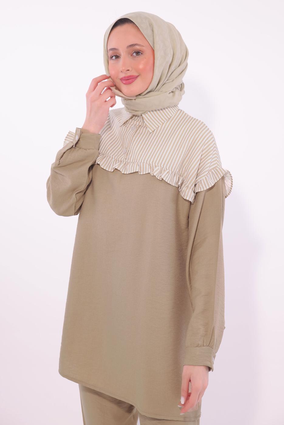Tesettür giyim KAHVE ÇİZGİLİ PANTOLONLU TAKIM T 1274