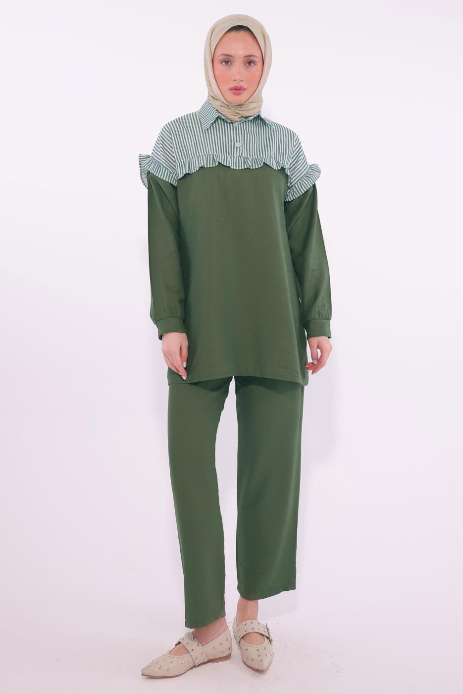 Tesettür giyim HAKİ ÇİZGİLİ PANTOLONLU TAKIM T 1274