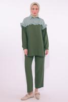 Tesettür giyim HAKİ ÇİZGİLİ PANTOLONLU TAKIM T 1274