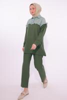 Tesettür giyim HAKİ ÇİZGİLİ PANTOLONLU TAKIM T 1274