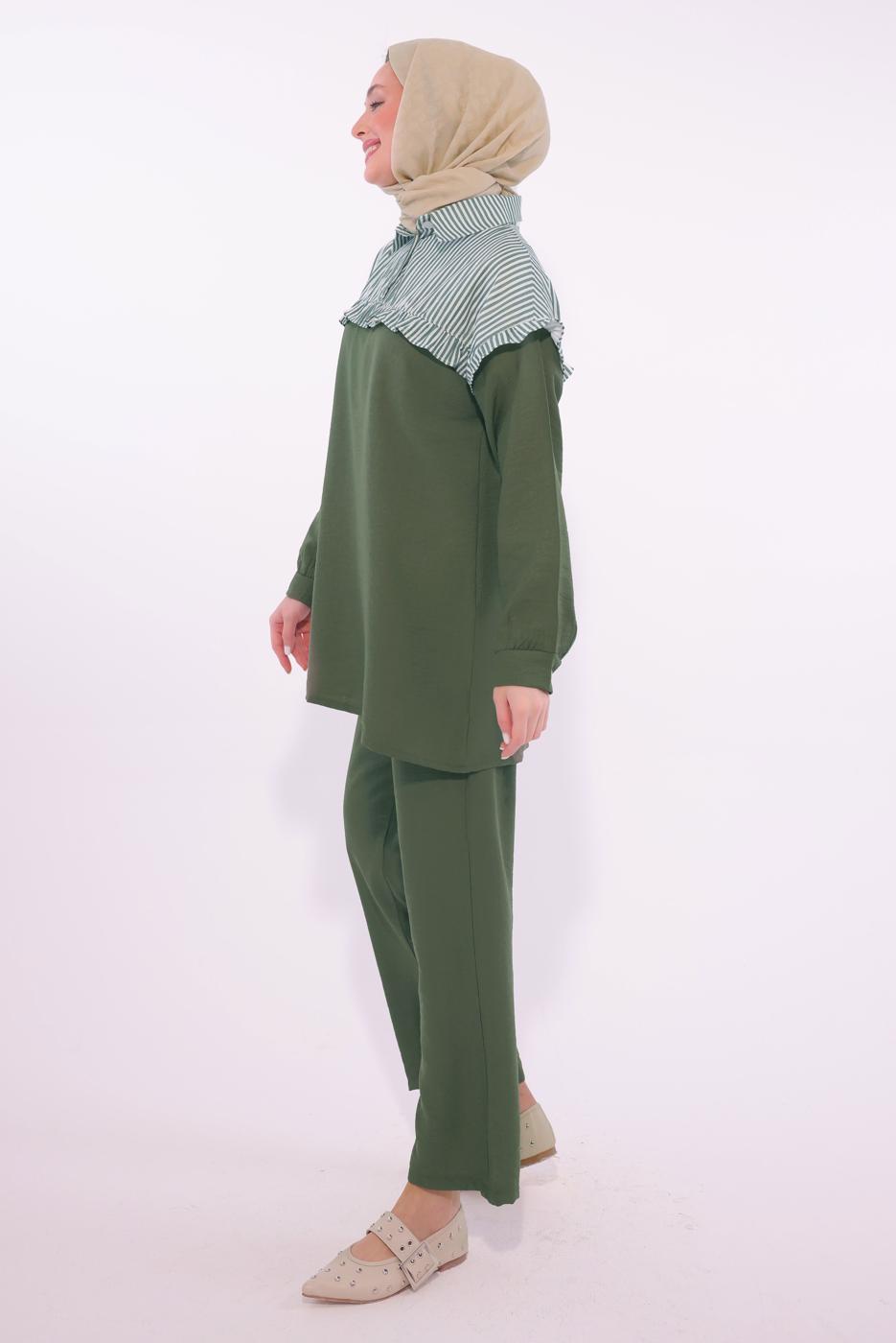 Tesettür giyim HAKİ ÇİZGİLİ PANTOLONLU TAKIM T 1274