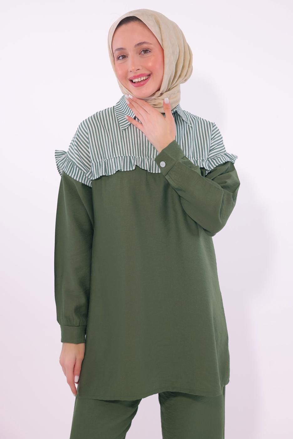 Tesettür giyim HAKİ ÇİZGİLİ PANTOLONLU TAKIM T 1274