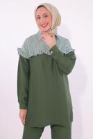 Tesettür giyim HAKİ ÇİZGİLİ PANTOLONLU TAKIM T 1274