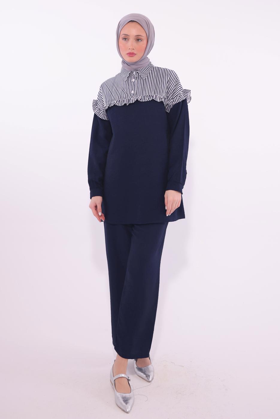 Tesettür giyim LACİVERT ÇİZGİLİ PANTOLONLU TAKIM T 1274