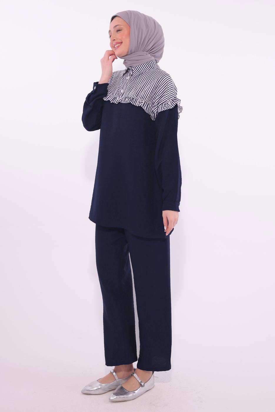 Tesettür giyim LACİVERT ÇİZGİLİ PANTOLONLU TAKIM T 1274