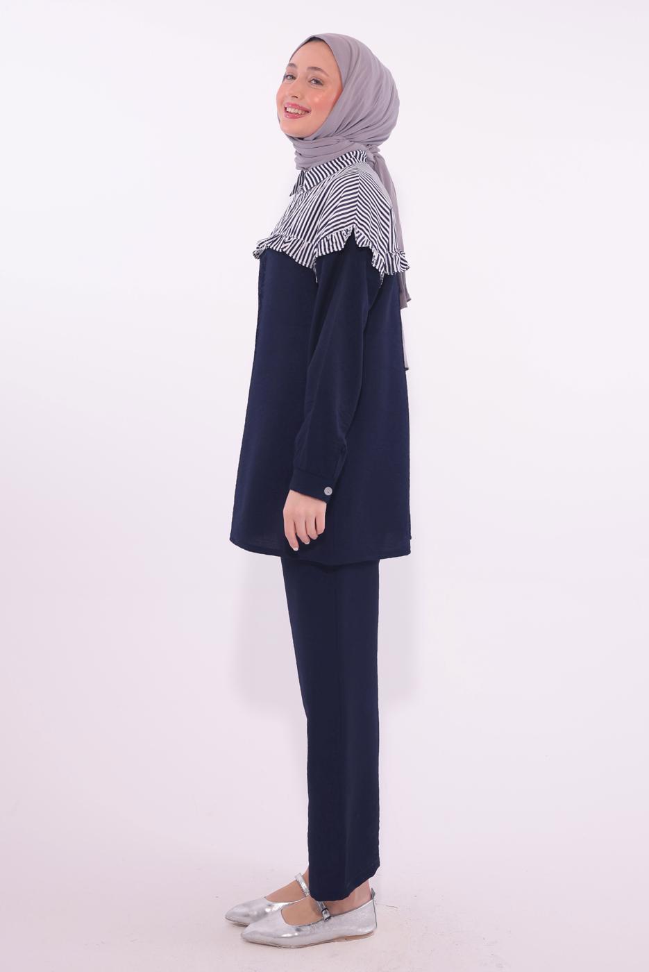 Tesettür giyim LACİVERT ÇİZGİLİ PANTOLONLU TAKIM T 1274