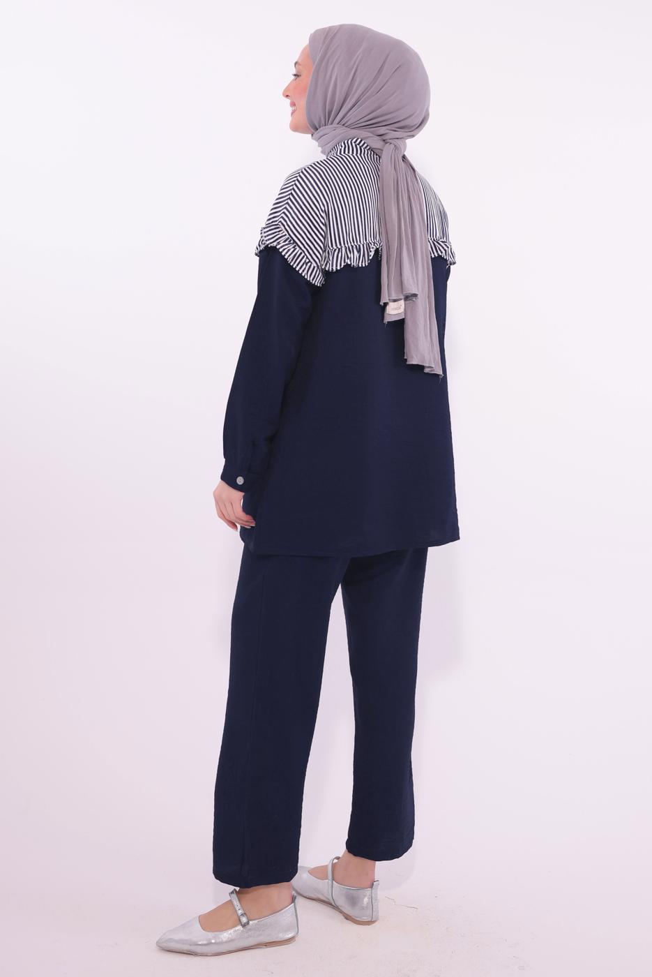 Tesettür giyim LACİVERT ÇİZGİLİ PANTOLONLU TAKIM T 1274