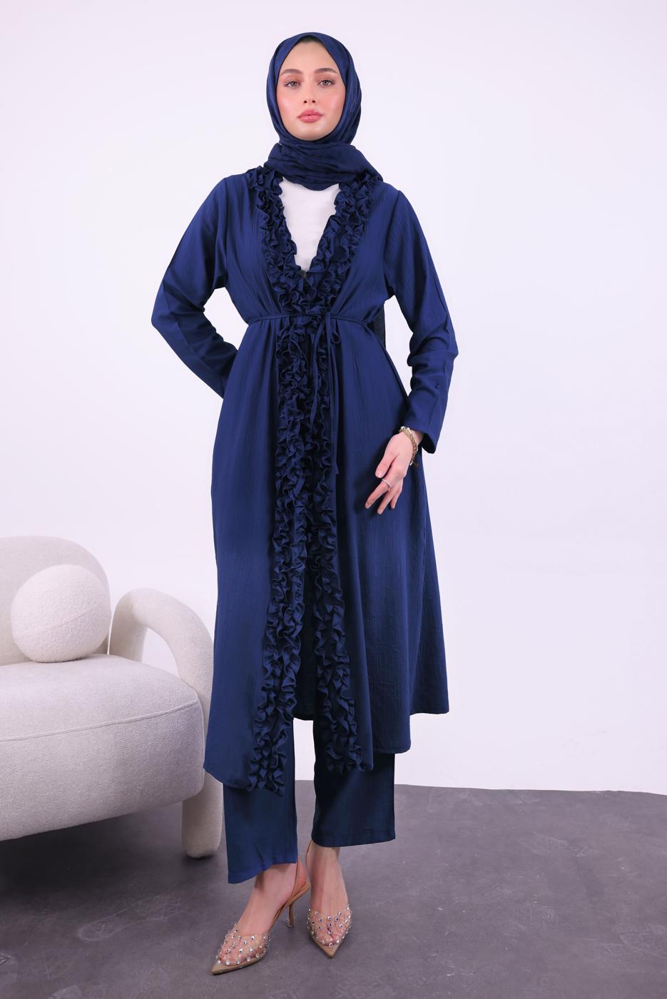 Hijab clothing NAVY BLUE FRILLED PANTS SUIT T 1284